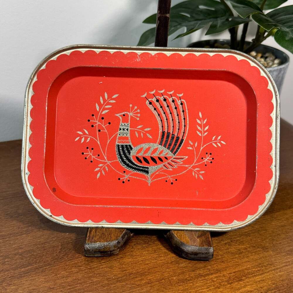 Vintage Fabcraft Peacock Small Tray 7" x 5" Red Gold Metal Bird